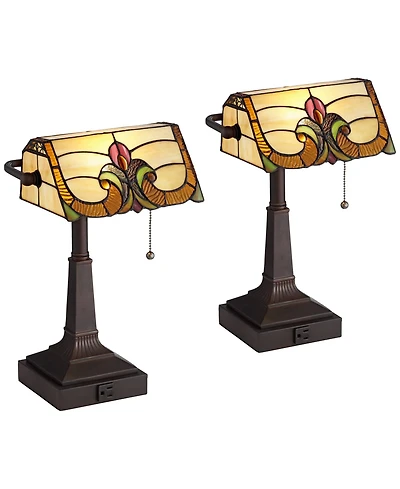Robert Louis Tiffany Fleura 17" High Small Rustic Banker Desk Lamps Set of 2 Brown Bronze Finish Metal Home Office Living Room