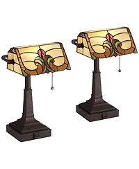 Robert Louis Tiffany Fleura 17" High Small Rustic Banker Desk Lamps Set of 2 Brown Bronze Finish Metal Home Office Living Room