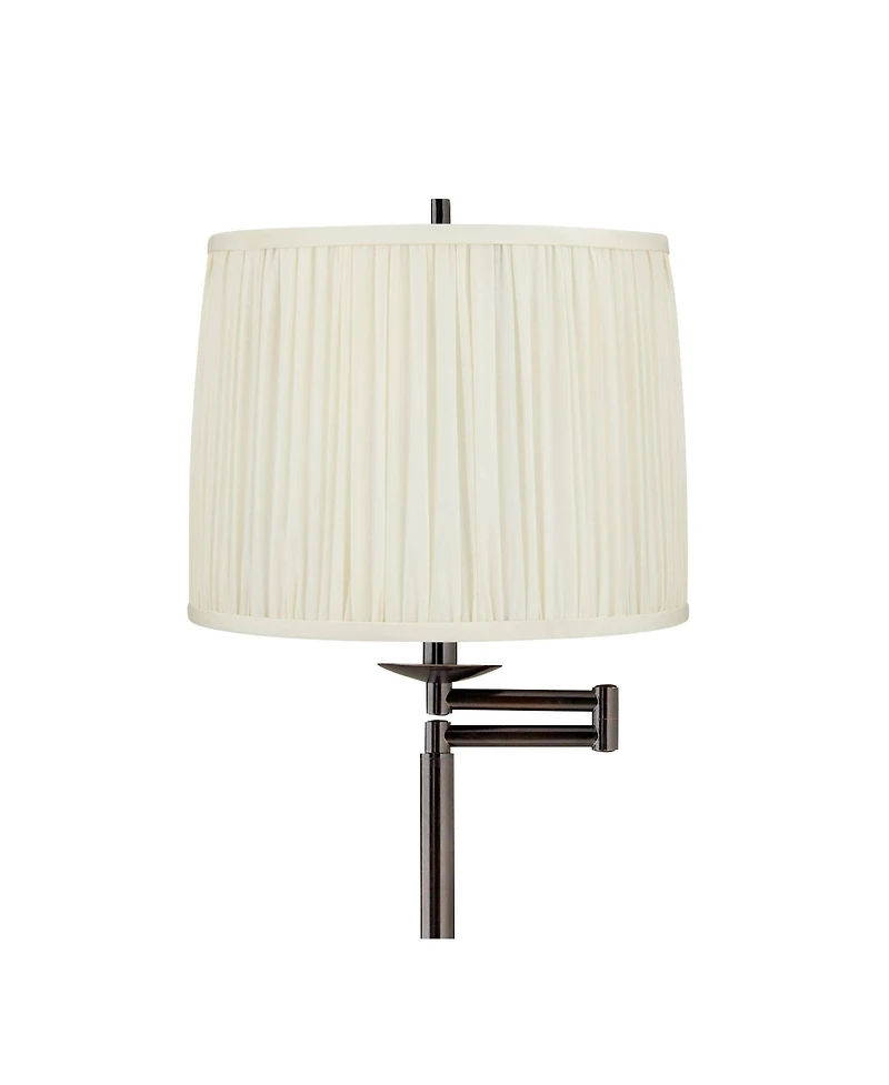 Regency Hill Gabrielle Modern Tall Standing Floor Lamp Skinny Adjustable Swing Arm Metal Bronze Finish Pleated White Silk Shade