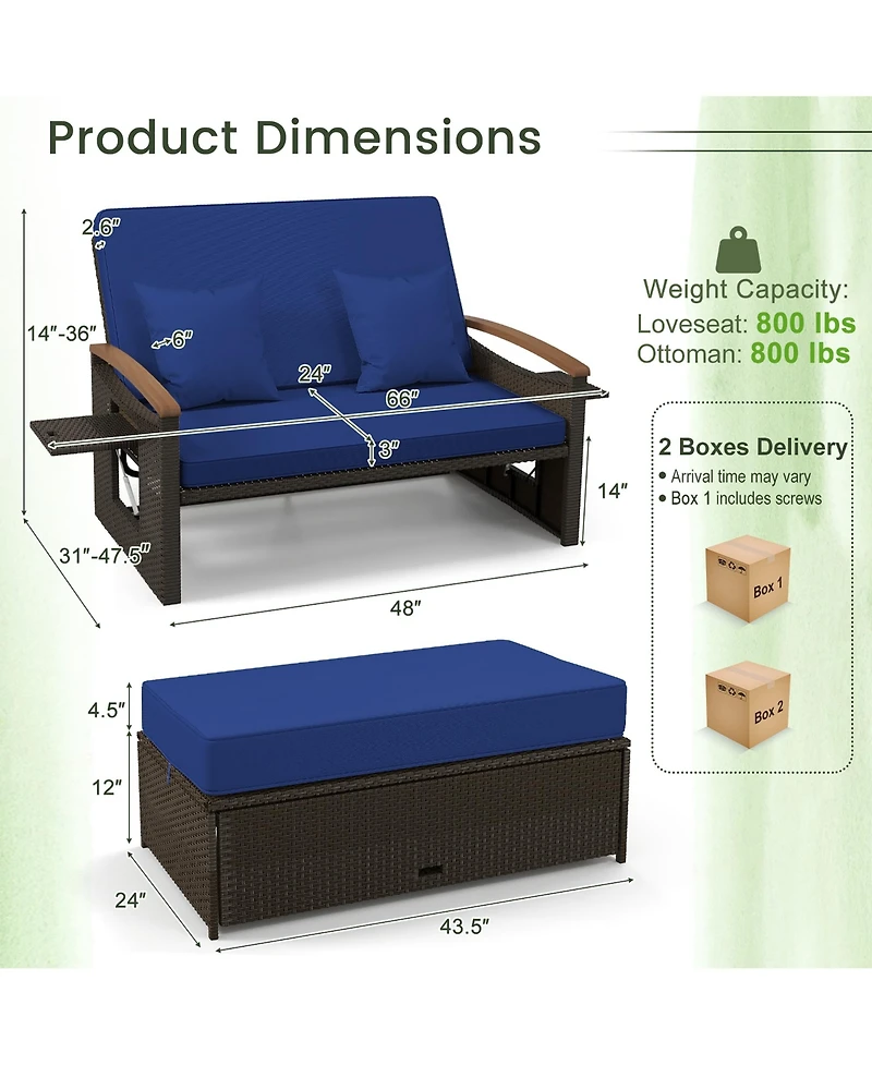 Gymax Outdoor Wicker Daybed Patio Loveseat and Storage Ottoman Set w/ Navy Cushions