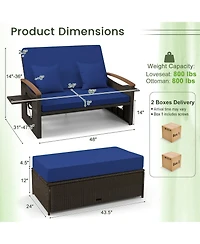 Gymax Outdoor Wicker Daybed Patio Loveseat and Storage Ottoman Set w/ Navy Cushions