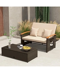 Gymax Patio Rattan Daybed Set w/ Cushioned Loveseat and Storage Ottoman