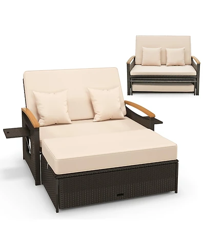 Gymax Patio Rattan Daybed Set w/ Cushioned Loveseat and Storage Ottoman