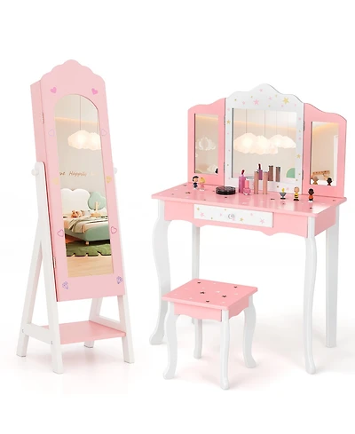 Gymax Kids Vanity Set Princess Makeup Dressing Table and Chair Set w/ Jewelry Armoire