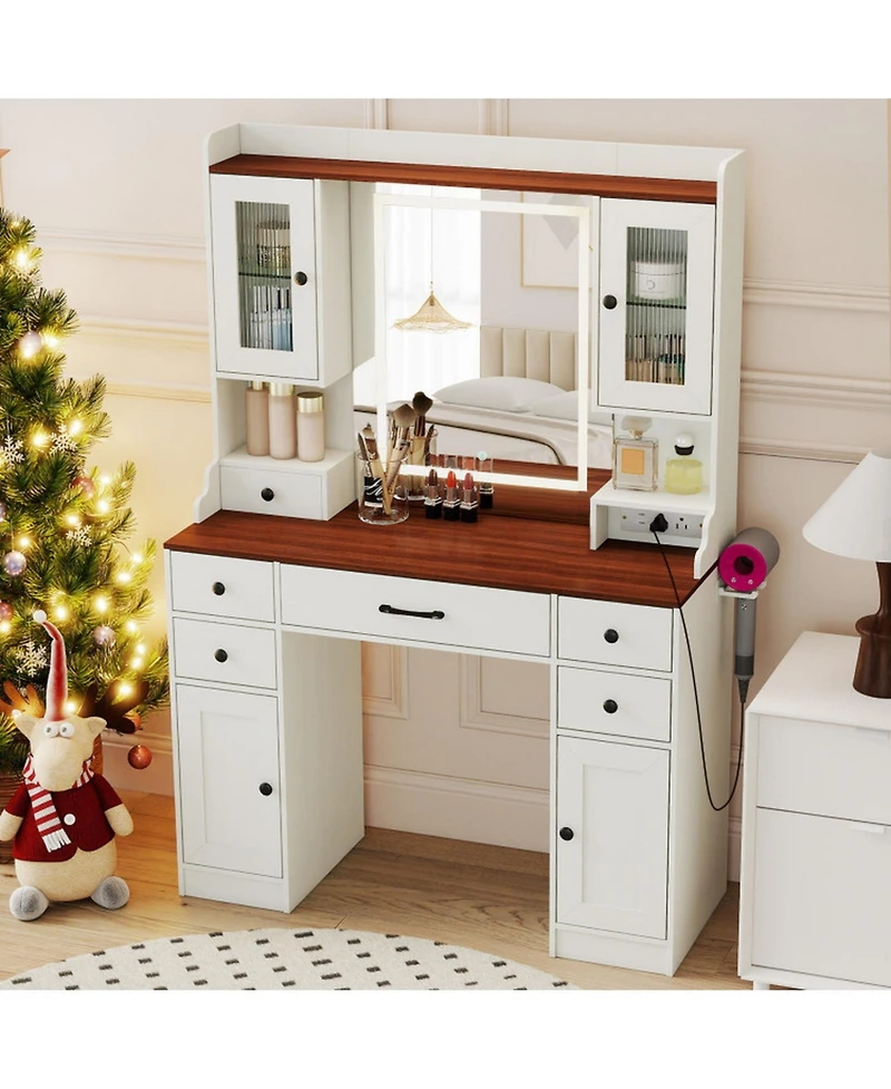 Gouun 41.5 in Makeup Dressing Table with Power Outlets and Led Lighted Mirror