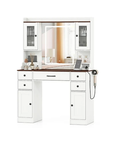 Gouun 41.5 in Makeup Dressing Table with Power Outlets and Led Lighted Mirror