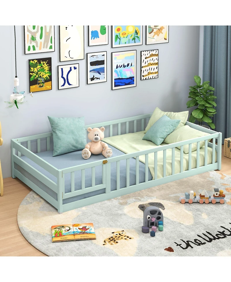 Sugift Twin Montessori Floor Bed Frame with Full Length Guardrails