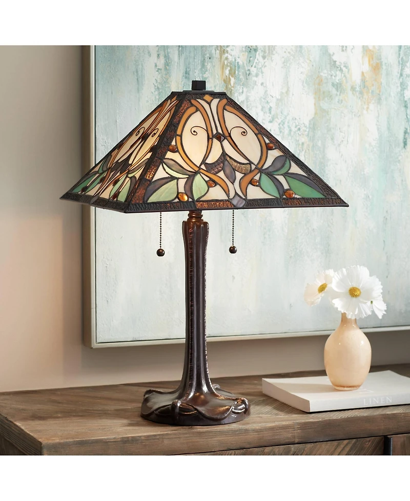 Robert Louis Tiffany Table Lamp 25" High Bronze Tiffany Style Stained Glass Art Shade for Living Room Family Bedroom Bedside Nightstand