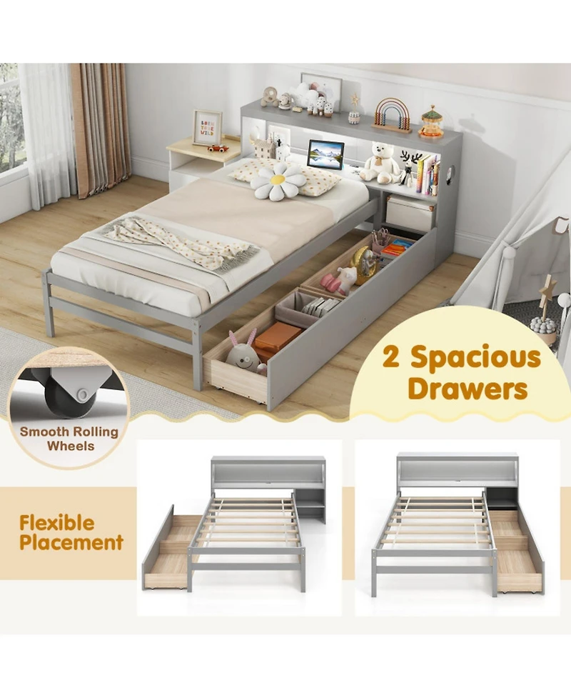 Gouun Solid Wood Platform Bed Frame with Led Lights and Headboard and Bookcase Headboard