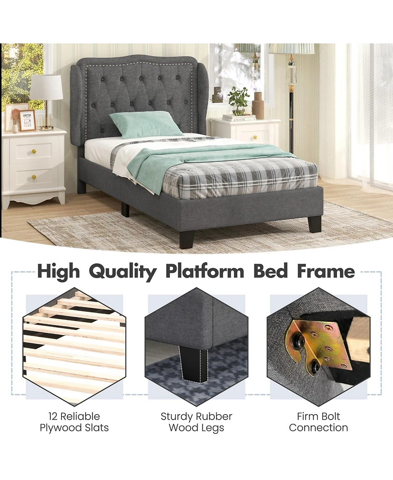 Sugift Bed Frame with Button Tufted Wingback Headboard Storage