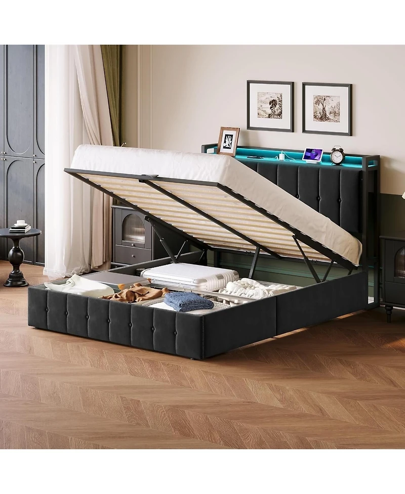 gaomon Bed Frame Lift-Up Storage Led Lights Upholstered Velvet Charging Headboard Metal Frame No Box Spring