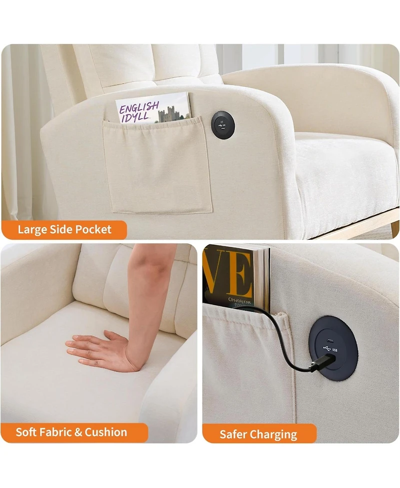 gaomon Linen Nursery Rocking Chair with Usb Port and Side Pocket