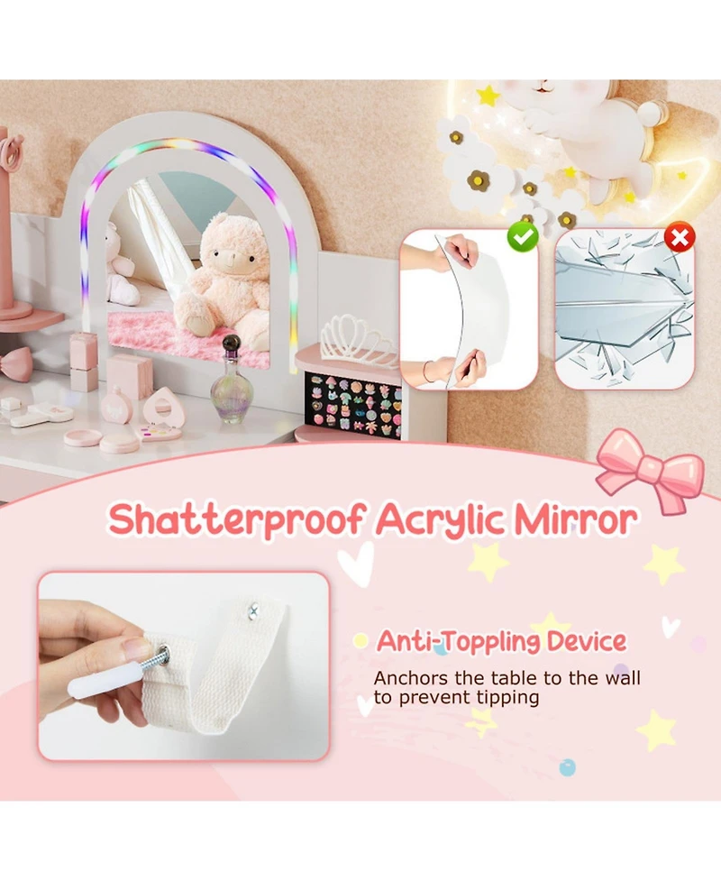 Gouun Kids Vanity Set with Led Lights and Makeup Dressing Table with Chair