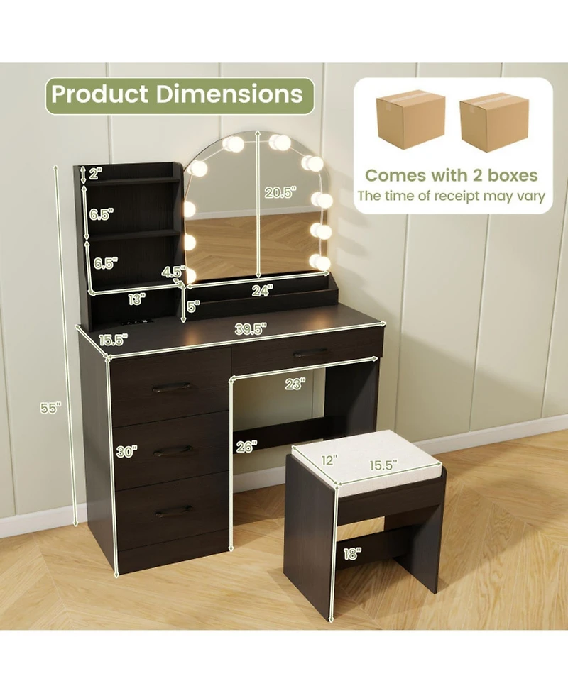 Gouun Makeup Vanity Desk and Stool Set with Led Lighted Mirror and Charging Station