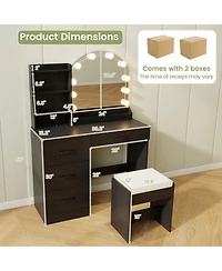 Gouun Makeup Vanity Desk and Stool Set with Led Lighted Mirror and Charging Station
