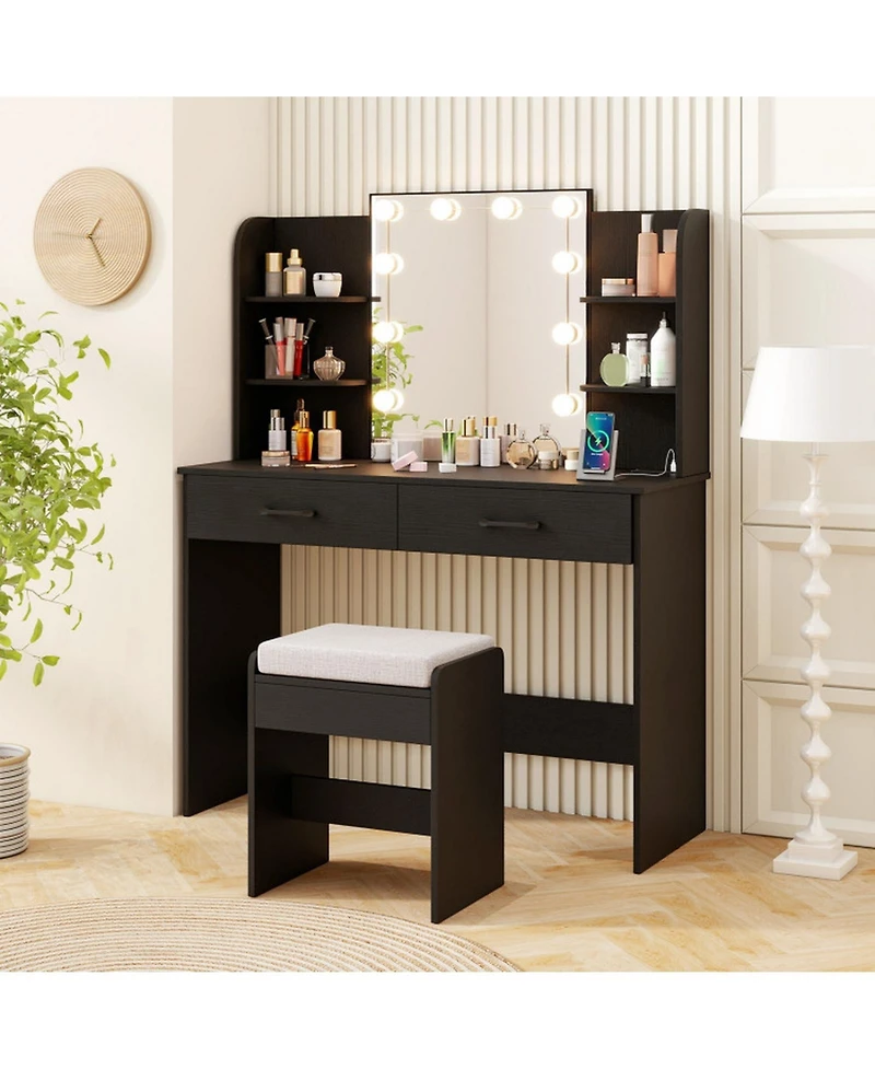 Gouun Makeup Vanity Set with Lighted Mirror Power Outlet and Cushioned Stool
