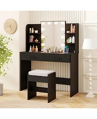 Gouun Makeup Vanity Set with Lighted Mirror Power Outlet and Cushioned Stool