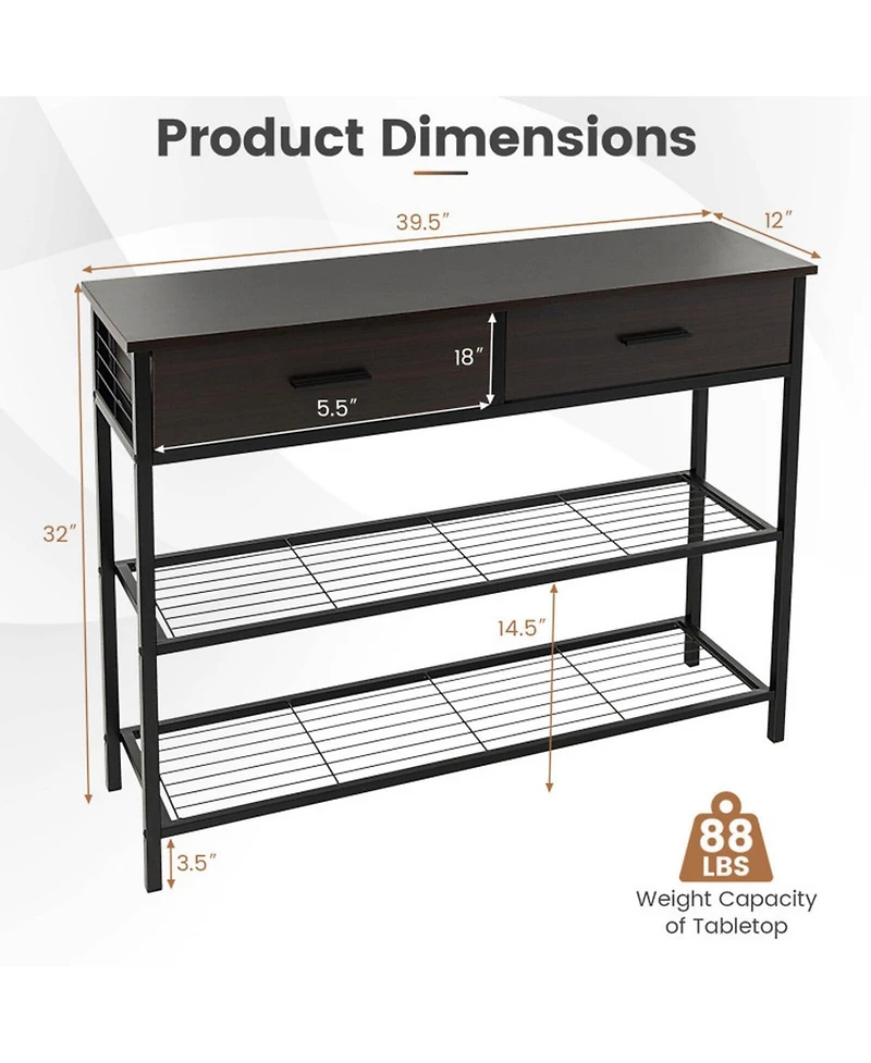 Gouun 39.5 in Narrow Entryway Console Table with 2 Drawers and Metal Shelves