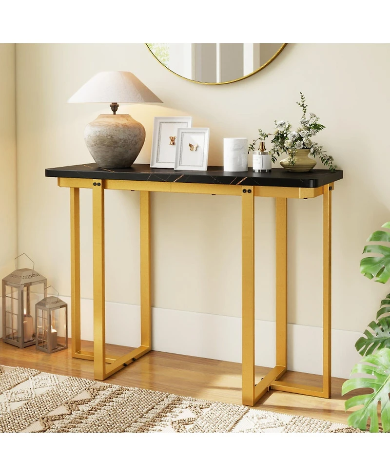 Gouun 42 in Faux Marble Console Table with Geometric Gold Metal Frame