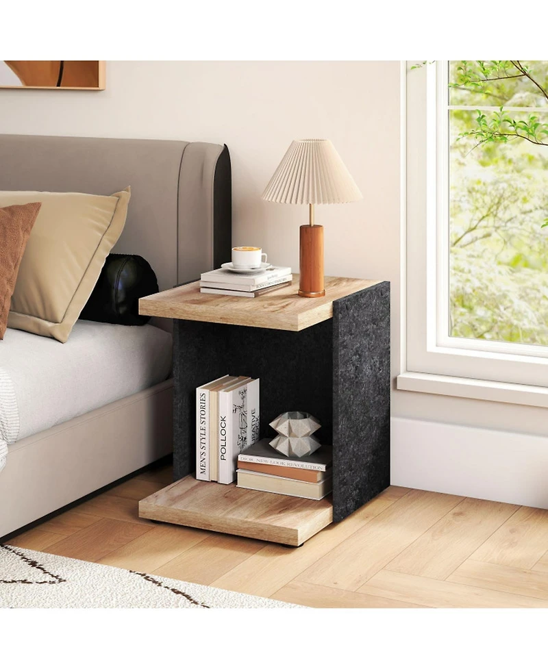 Gouun 16.5 in Mid-Century 2-Tier End Table with Open Storage Shelf, Oak