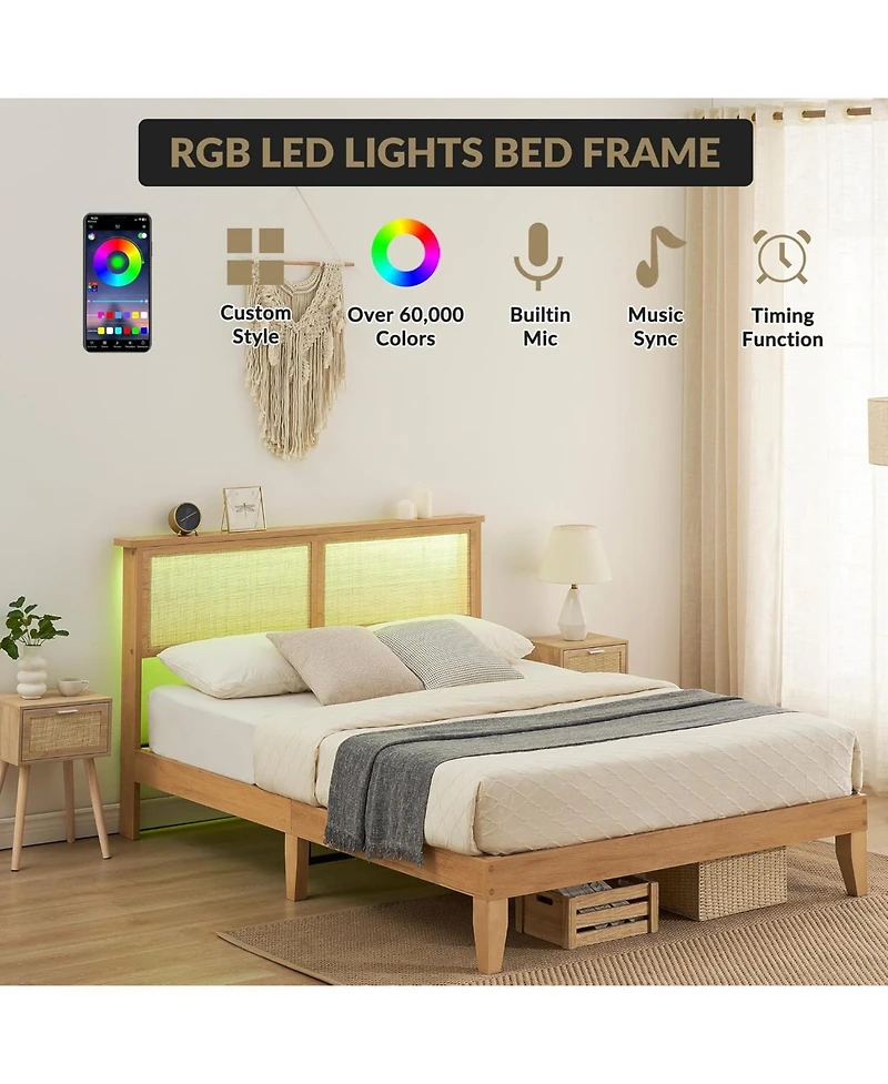 gaomon Rattan Bed Frame Bohemian Headboard Led Lights No Box Spring Easy Assembly Space-Saving