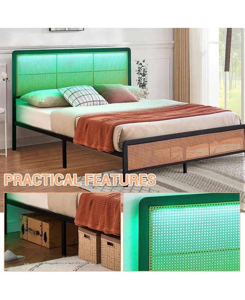 gaomon Bed Frame Rgb Led Lights Boho Metal Headboard Footboard Steel Slats Noise Free No Box Spring
