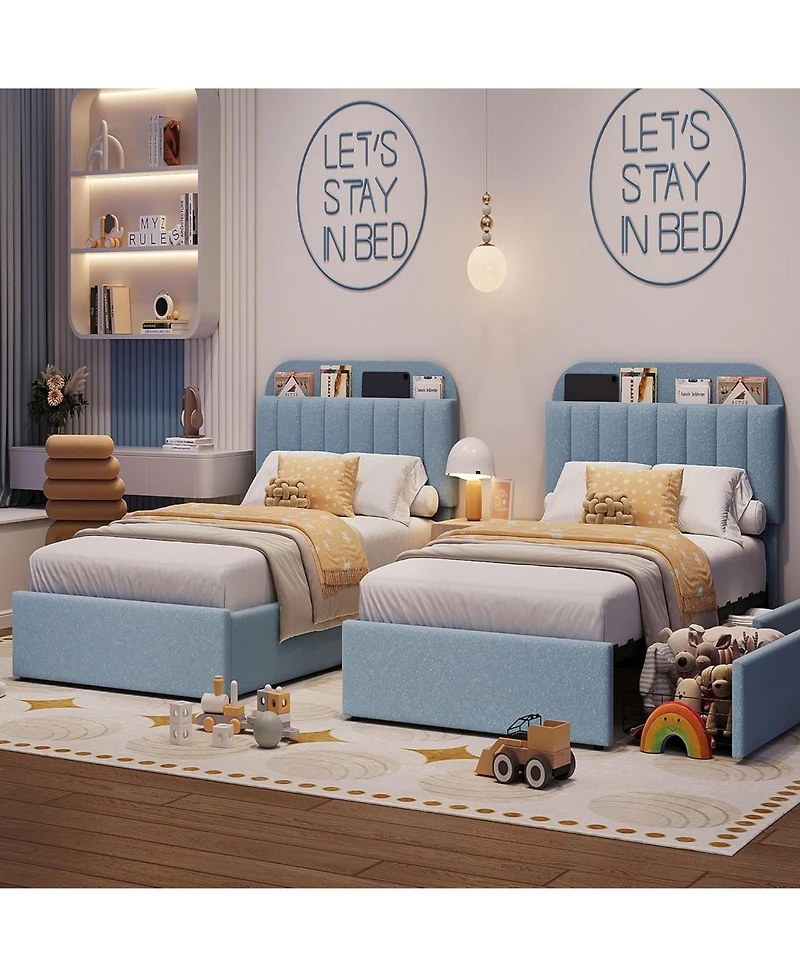 gaomonUpholstered Platform Bed with Storage Headboard and 2 Drawers- Boucle Fabric- Bookcase- Easy Assembly- No Box Spring Needed