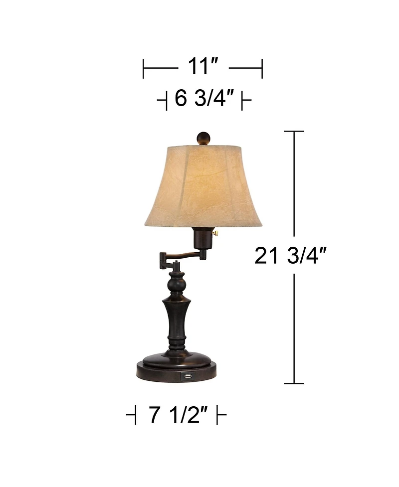 Regency Hill Traditional Swing Arm Desk Table Lamps 21.75" High Set of 2 with Usb Port Bronze Metal Faux Leather Shade for Living Room Bedroom