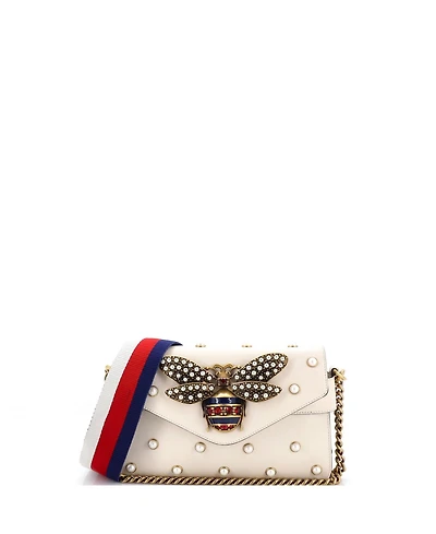 Pre-Owned Gucci Mini Broadway Pearly Bee Shoulder Bag Embellished Leather