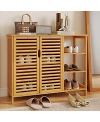 Gymax Bamboo Bathroom Cabinet 2-Door Storage Organizer w/ Shelves