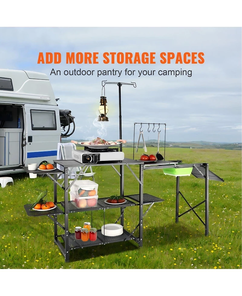 Gouun Folding Camping Kitchen Table with Sink Side Tables and Storage Shelves
