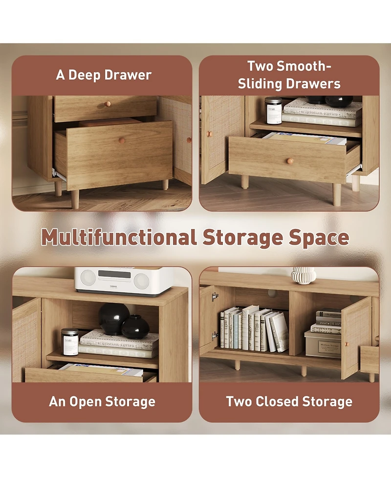 Rainsken Boho Tv Stand for Tvs , Modern Wood Media TV Console, Entertainment Center with Open Storage and Drawers for Living Room