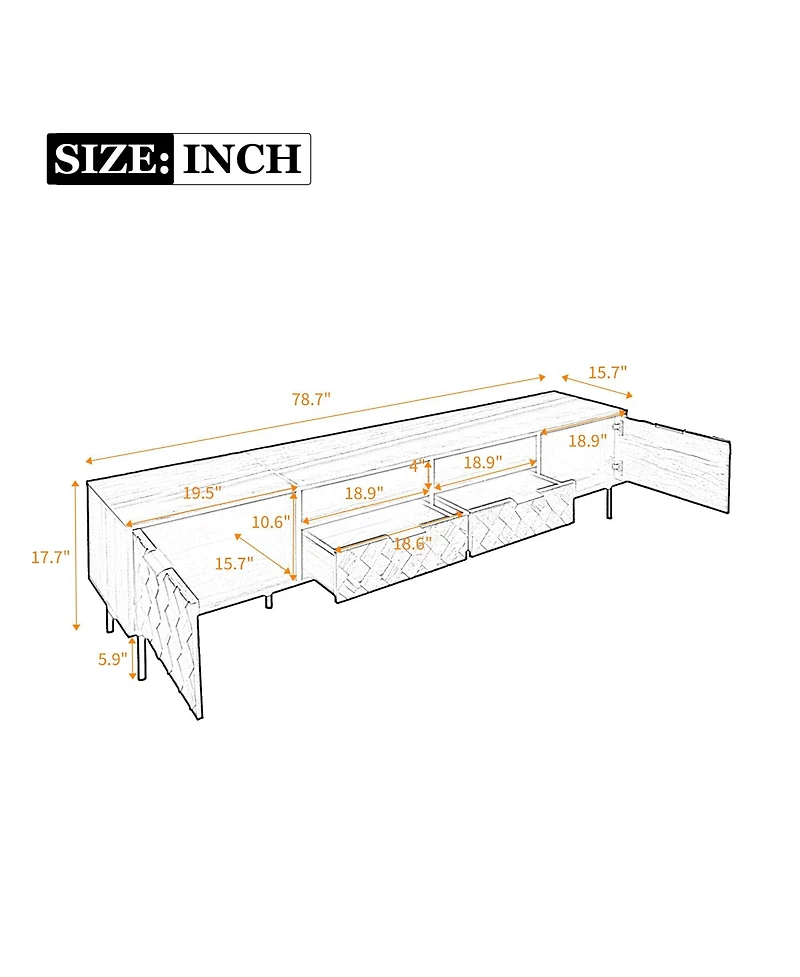 Rainsken 78" Modern Tv Stand for TVs , Entertainment Center with Storage Cabinets, 2 Drawers and Open Shelves, Media Console for Living Room