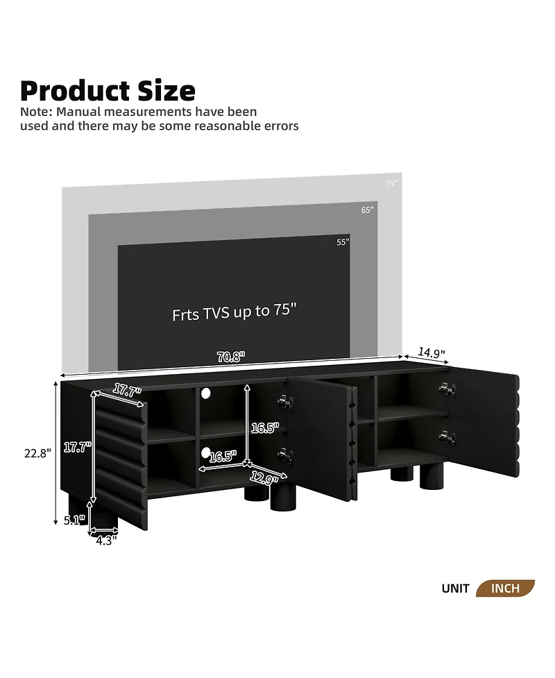 Rainsken Modern Wavy Door Media Console for 75-Inch TVs, Sleek Entertainment Center with 4 Storage Cabinets and Adjustable Shelves for Living Room