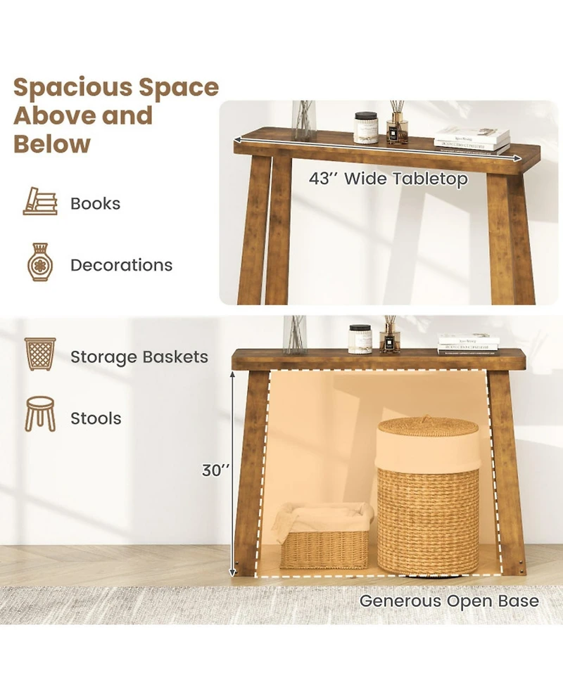 Gouun 43 in Solid Rubber Wood Narrow Console Table with 2 in Thick Tabletop