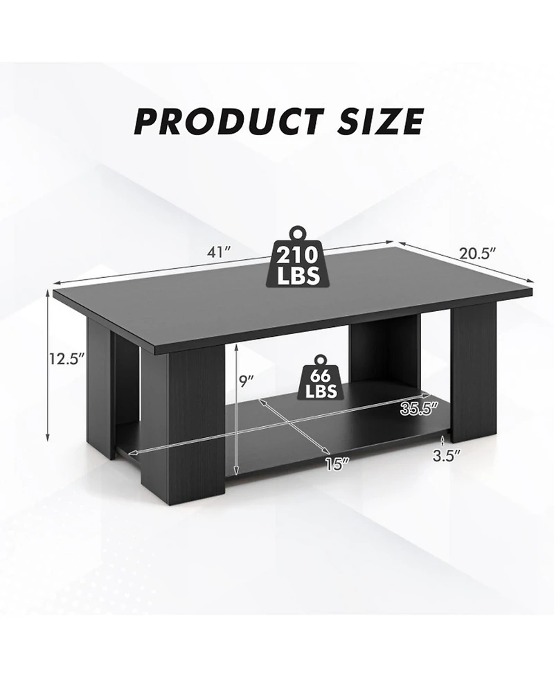 Gouun 41 in Modern 2-Tier Rectangular Coffee Table with Open Storage Shelf