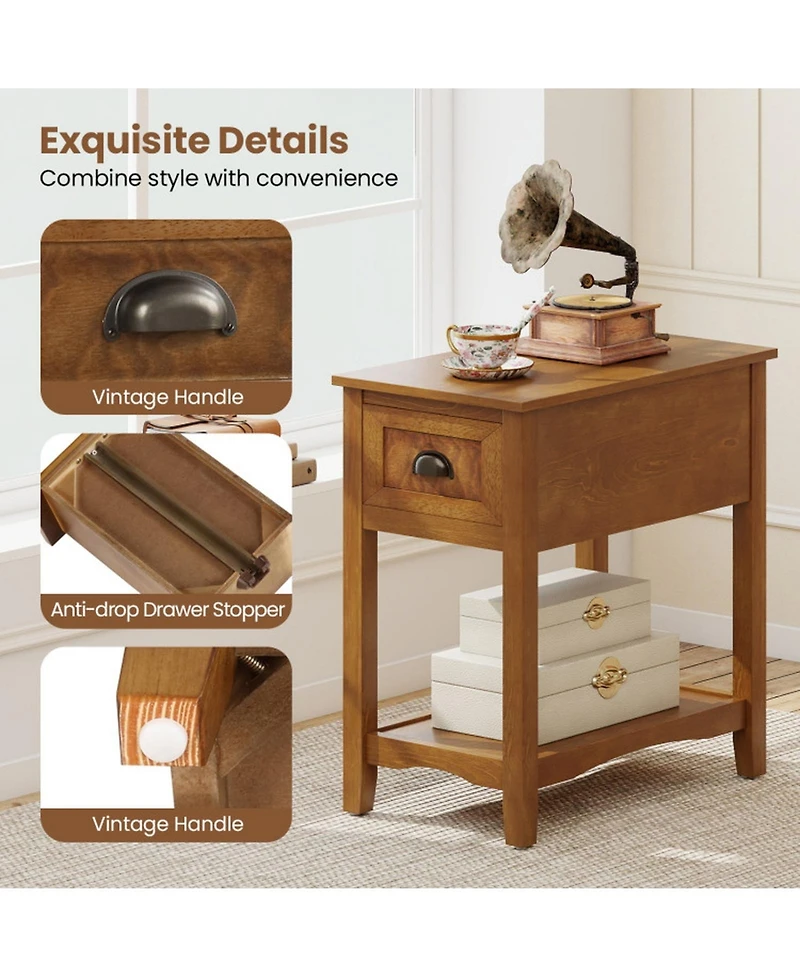 Gouun Set of 2 Retro Narrow End Tables with Drawer and Open Shelf