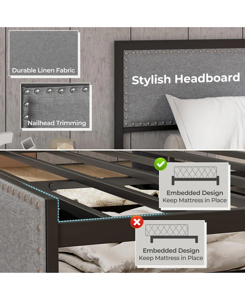 Gouun Queen Metal Platform Bed Frame with Led Lights and Storage Drawers