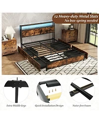 Gouun Queen Metal and Wood Bed Frame with Led Lights and Charging Station and Storage Drawers