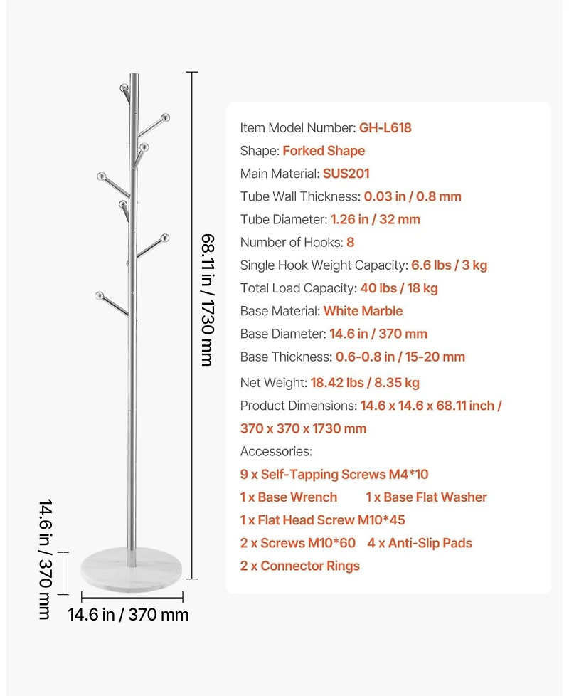 Gouun Freestanding Coat Rack with Marble Base and 8 Hooks