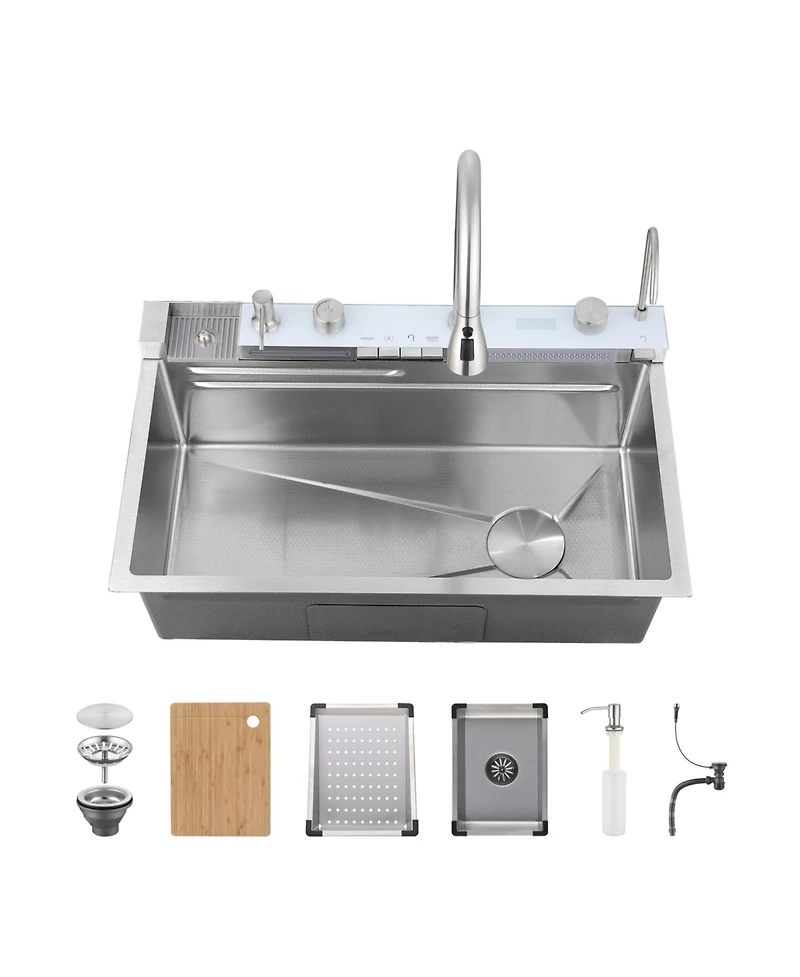 Busdays Single Bowl Kitchen Sink Combo Set 304 Stainless Steel with Pull Out Faucet Whale Waterfall Vegetable Washing Basin