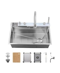 Busdays Single Bowl Kitchen Sink Combo Set 304 Stainless Steel with Pull Out Faucet Whale Waterfall Vegetable Washing Basin