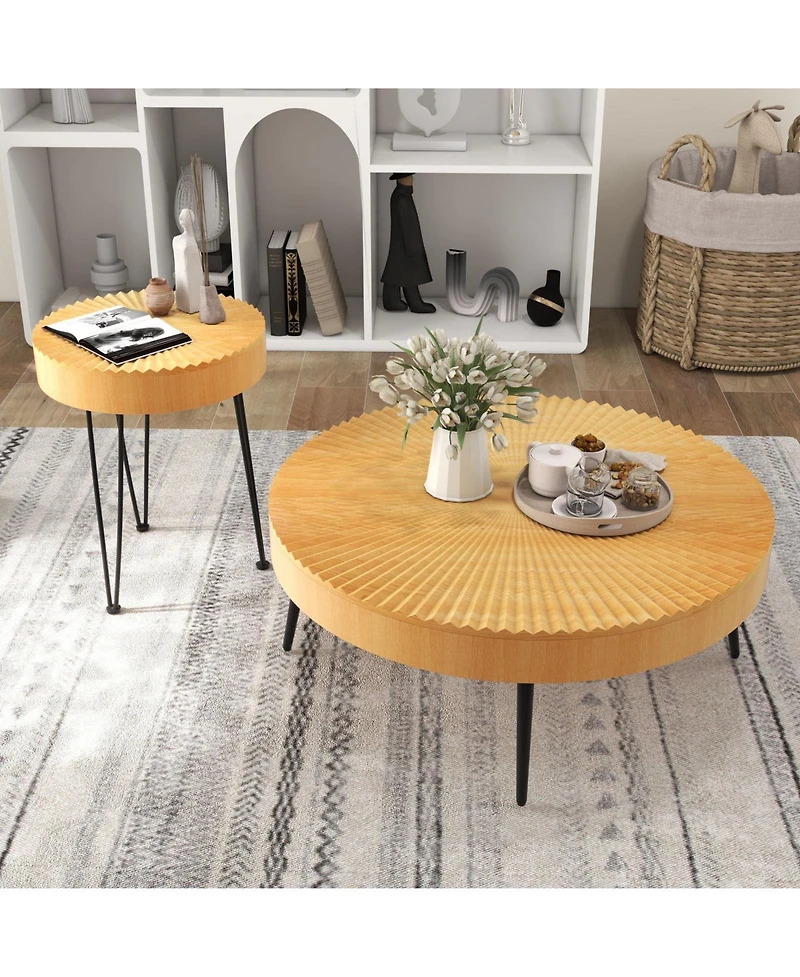 Sugift Wooden Coffee Table Set of Two with Metal Legs