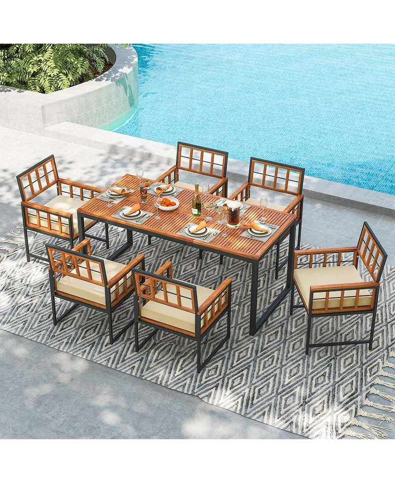 Sugift Set of Six Patio Dining Chairs with Acacia Wood and Cushions