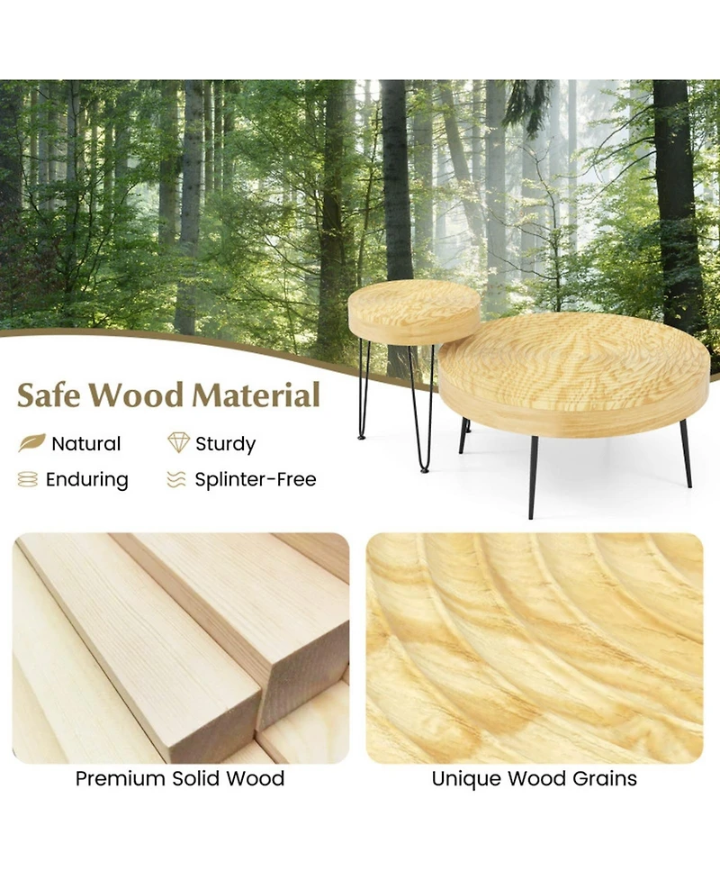 Gouun Set of 2 Solid Pine Wood Farmhouse Round Nesting Coffee Tables