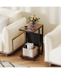 Gouun C-Shaped Side Table with Canvas Storage Pouch and Rolling Casters