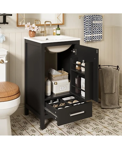 Sillysis 18 Inch Bathroom Vanity with Ceramic Sink, Soft Close Storage Drawer and Door, Freestanding Cabinet for Small Spaces