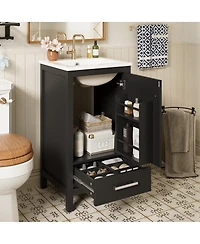 Sillysis 18 Inch Bathroom Vanity with Ceramic Sink, Soft Close Storage Drawer and Door, Freestanding Cabinet for Small Spaces
