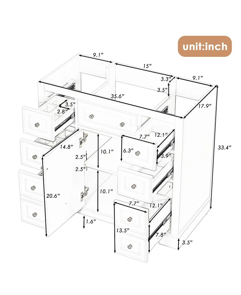 Sillysis 36 Inch Modern Bathroom Vanity Base without Sink, Solid Wood and Mdf Cabinet with 6 Drawers and Adjustable Shelf for Storage