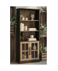 Yigii Tall 5 Shelf Bookcase Glass Doors Modern Farmhouse Storage Living Room Office